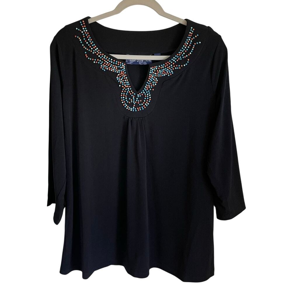 Susan Graver Tunic Top Size L NWOT Black Liquid Knit Beaded V-Neck Artsy Boho